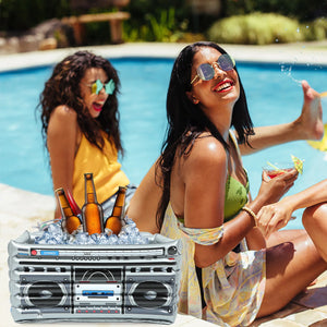 "Revitalize Your Pool Party: Inflatable Cooler  Ice Tray & Boombox Bar - Your Ultimate 80s Upgrade!"